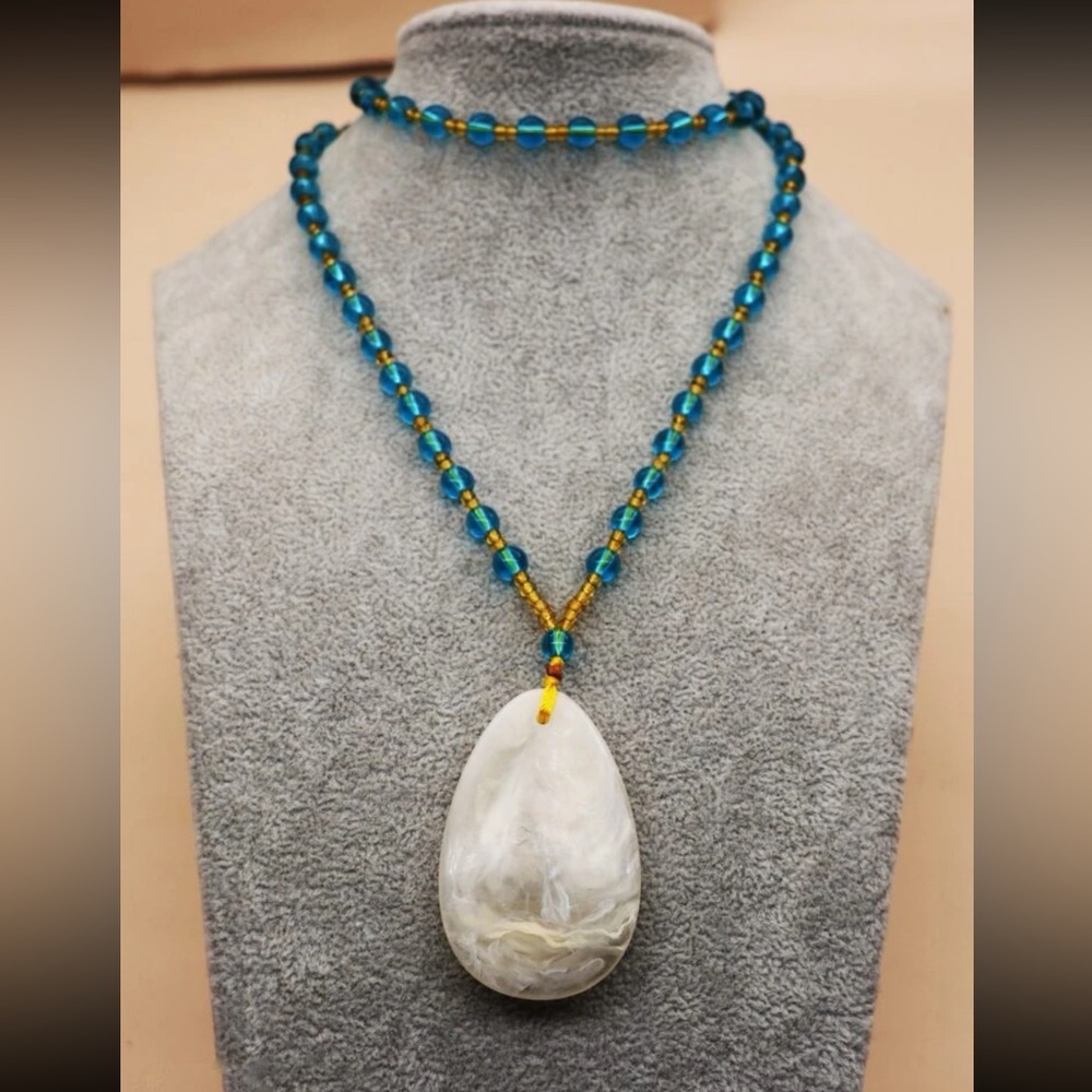 Vintage Natural Honey Yellow Jadeite Jade Gemstone Water Drop Beaded Necklace - Picture 11 of 12